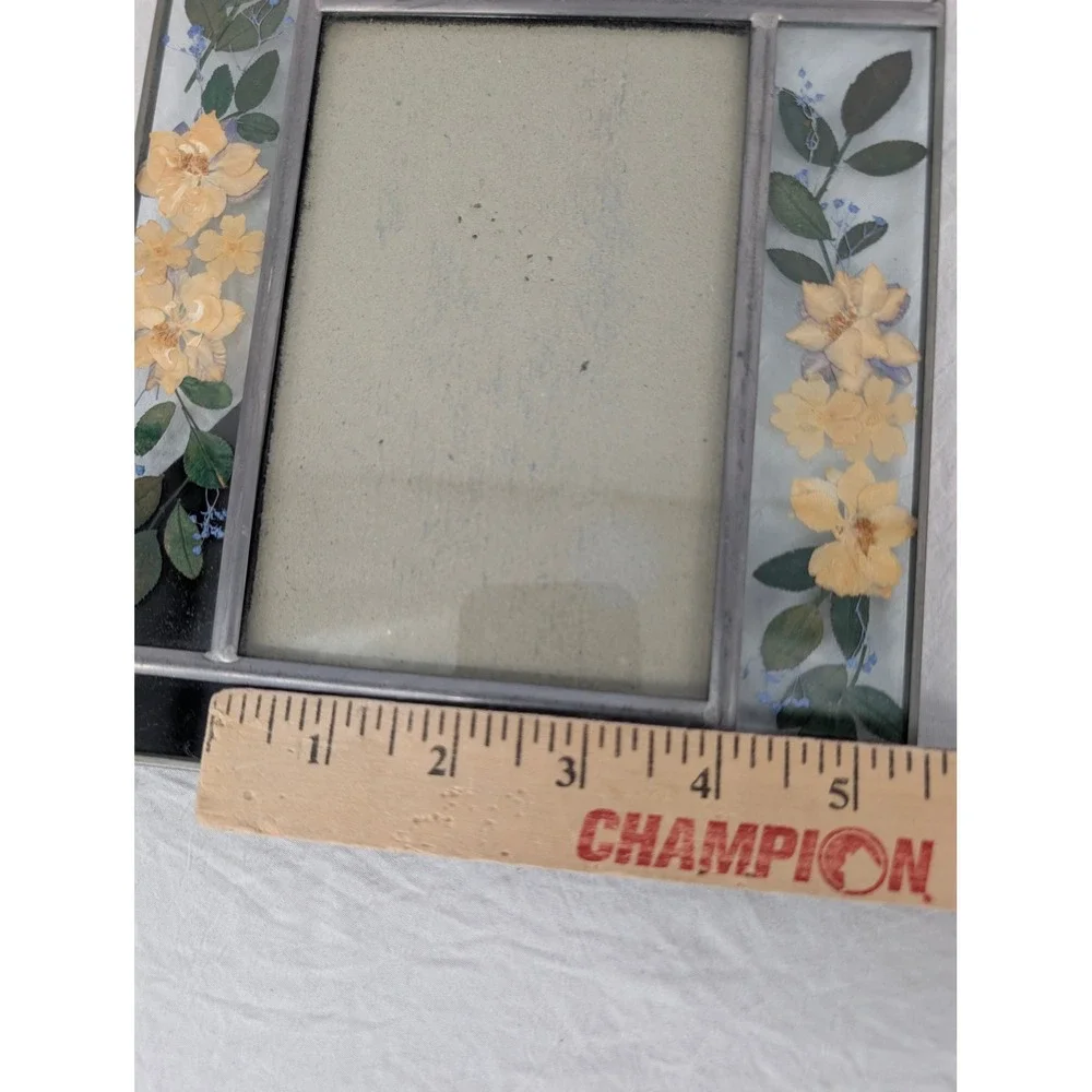 Pressed Flower Glass Picture Frame Silver Yellow Floral Cottagecore 7.75x7